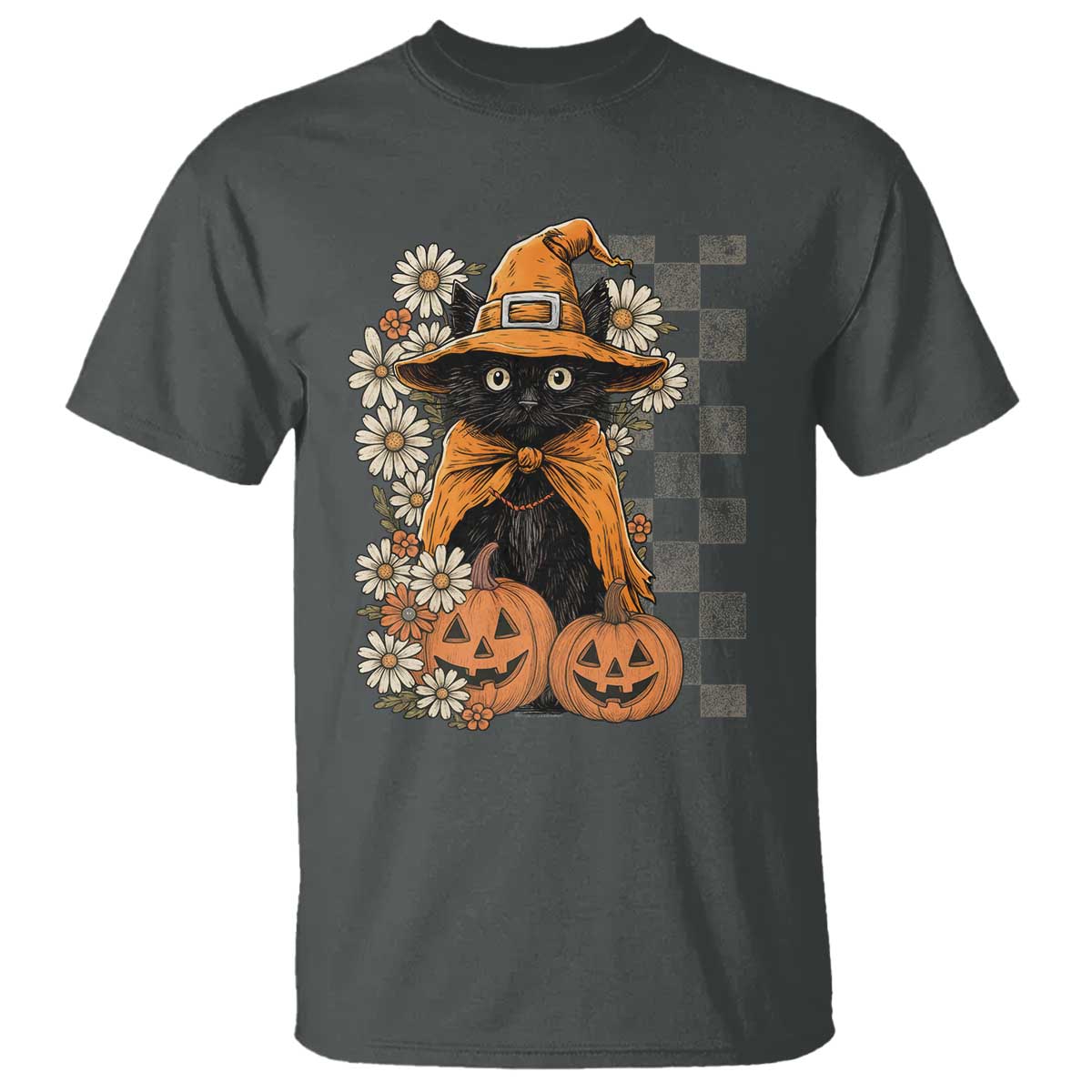 Boho Cat Wild Flowers T Shirt Vintage Autumn Cozy Black Cat Pumpkin Halloween TS10 Dark Heather Print Your Wear