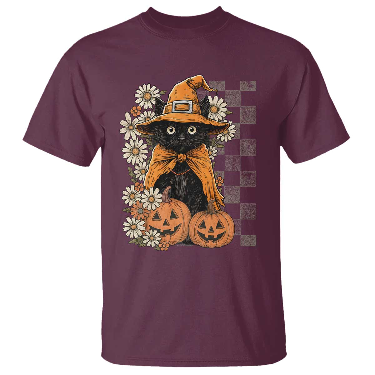 Boho Cat Wild Flowers T Shirt Vintage Autumn Cozy Black Cat Pumpkin Halloween TS10 Maroon Print Your Wear