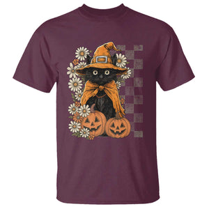Boho Cat Wild Flowers T Shirt Vintage Autumn Cozy Black Cat Pumpkin Halloween TS10 Maroon Print Your Wear