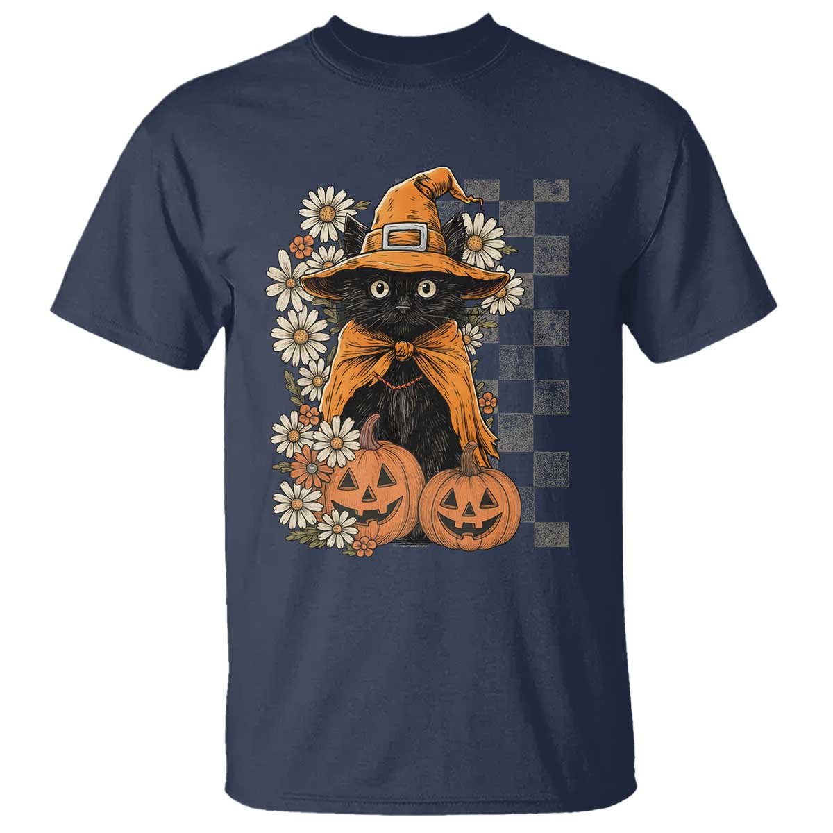 Boho Cat Wild Flowers T Shirt Vintage Autumn Cozy Black Cat Pumpkin Halloween TS10 Navy Print Your Wear