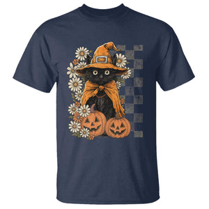 Boho Cat Wild Flowers T Shirt Vintage Autumn Cozy Black Cat Pumpkin Halloween TS10 Navy Print Your Wear