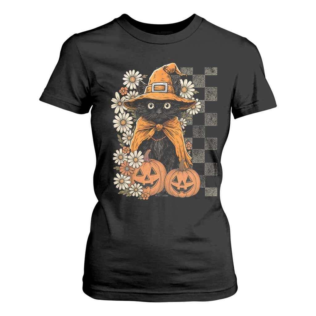 Boho Cat Wild Flowers T Shirt For Women Vintage Autumn Cozy Black Cat Pumpkin Halloween TS10 Black Print Your Wear