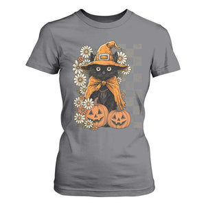 Boho Cat Wild Flowers T Shirt For Women Vintage Autumn Cozy Black Cat Pumpkin Halloween TS10 Charcoal Print Your Wear