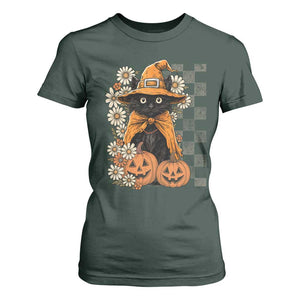 Boho Cat Wild Flowers T Shirt For Women Vintage Autumn Cozy Black Cat Pumpkin Halloween TS10 Dark Forest Green Print Your Wear