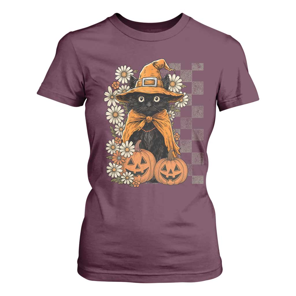 Boho Cat Wild Flowers T Shirt For Women Vintage Autumn Cozy Black Cat Pumpkin Halloween TS10 Maroon Print Your Wear