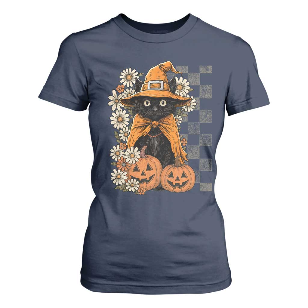 Boho Cat Wild Flowers T Shirt For Women Vintage Autumn Cozy Black Cat Pumpkin Halloween TS10 Navy Print Your Wear