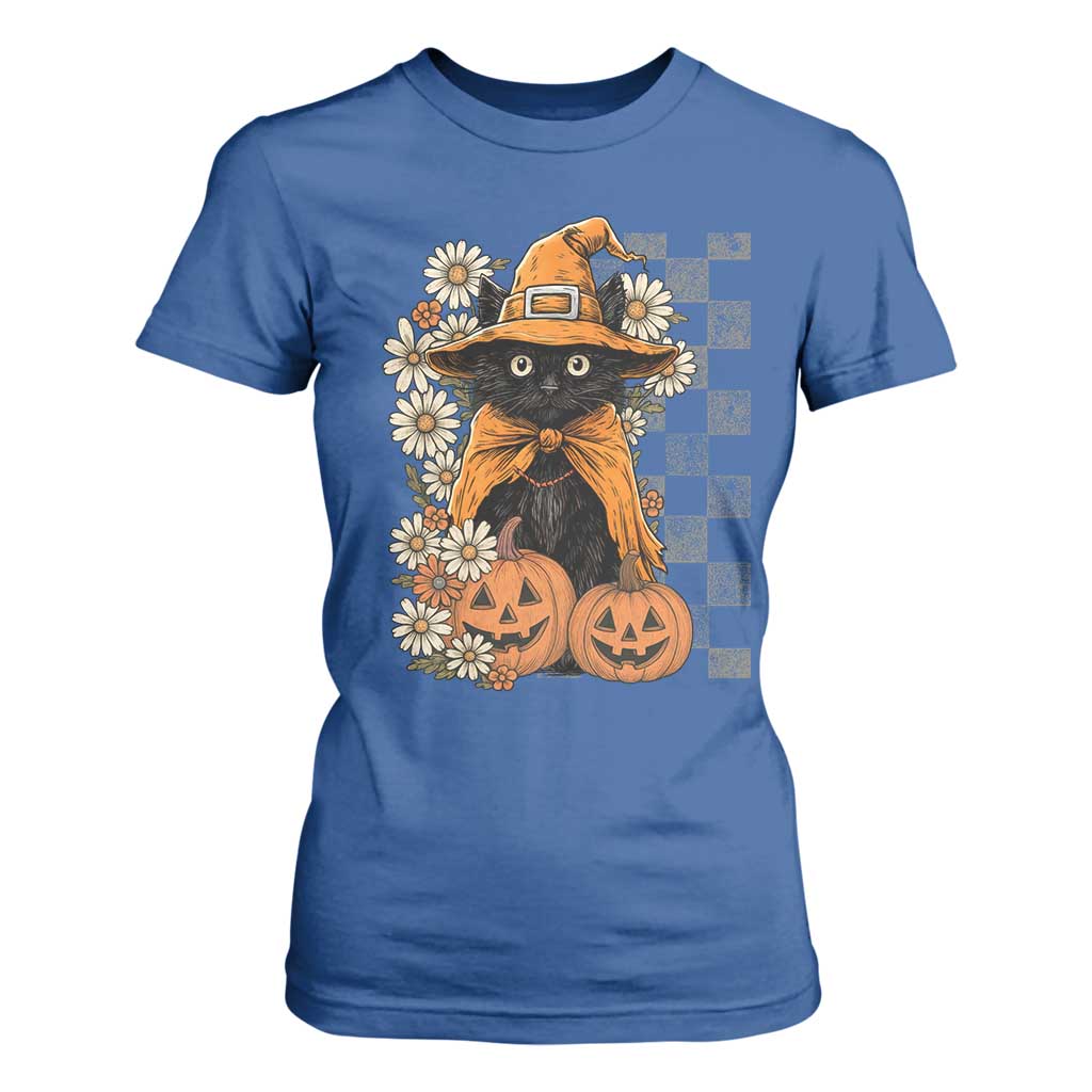 Boho Cat Wild Flowers T Shirt For Women Vintage Autumn Cozy Black Cat Pumpkin Halloween TS10 Royal Blue Print Your Wear