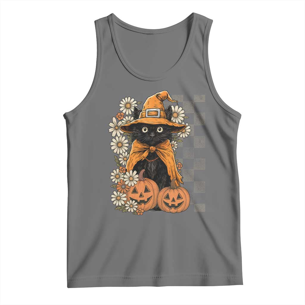 Boho Cat Wild Flowers Tank Top Vintage Autumn Cozy Black Cat Pumpkin Halloween TS10 Black Heather Print Your Wear