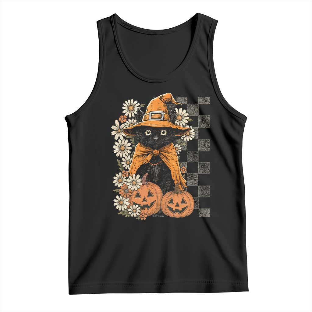Boho Cat Wild Flowers Tank Top Vintage Autumn Cozy Black Cat Pumpkin Halloween TS10 Black Print Your Wear