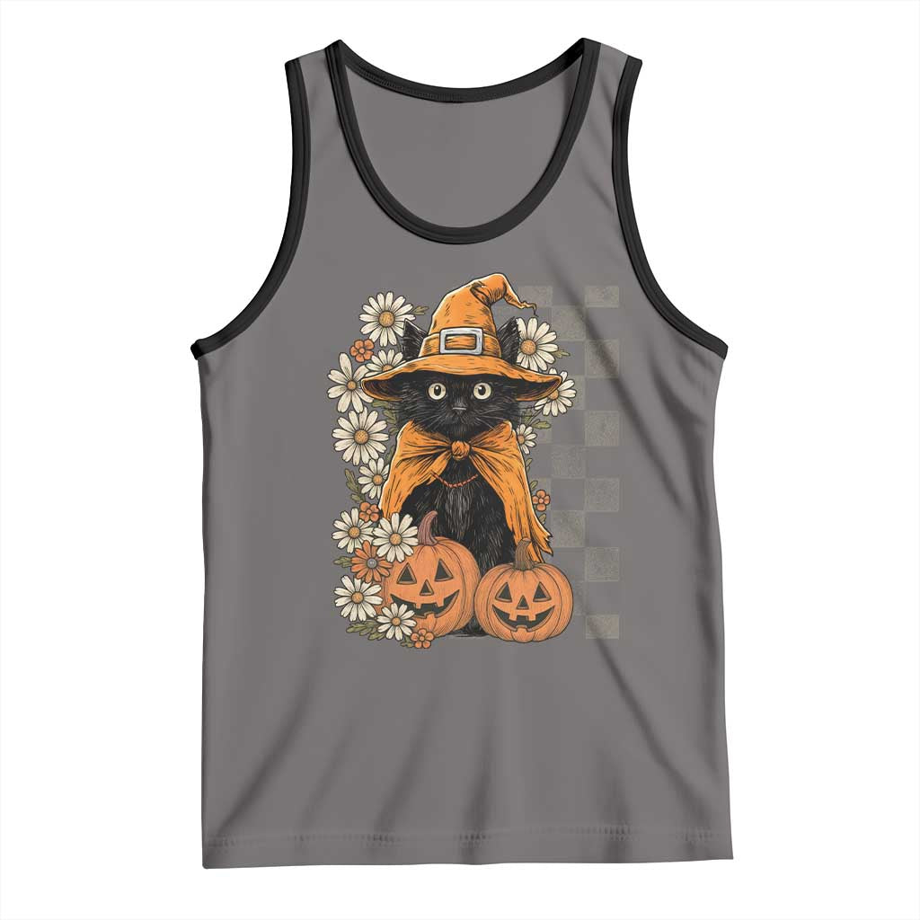 Boho Cat Wild Flowers Tank Top Vintage Autumn Cozy Black Cat Pumpkin Halloween TS10 Deep Heather Black Print Your Wear