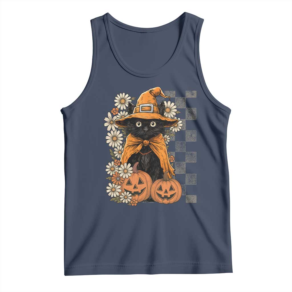 Boho Cat Wild Flowers Tank Top Vintage Autumn Cozy Black Cat Pumpkin Halloween TS10 Navy Print Your Wear