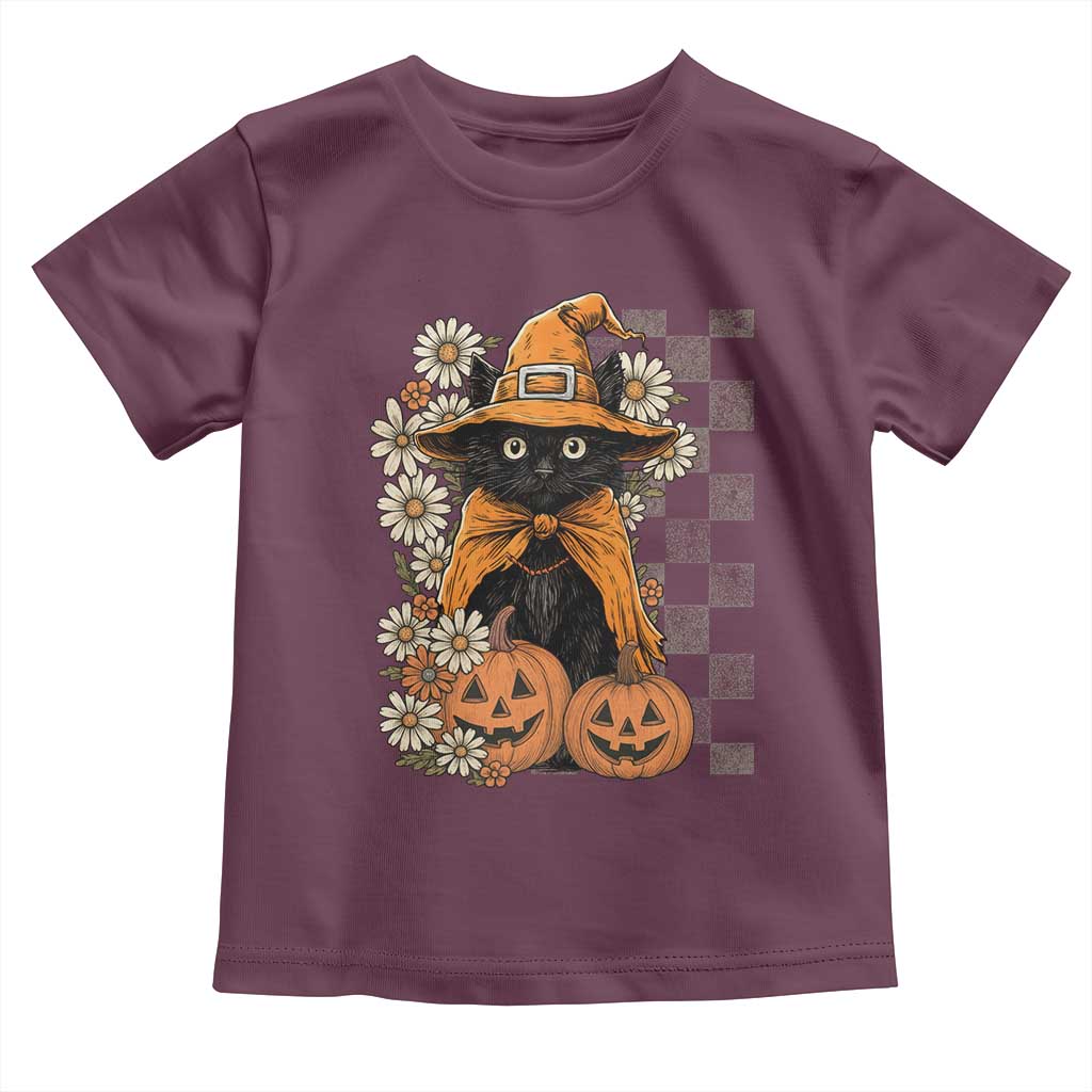 Boho Cat Wild Flowers Toddler T Shirt Vintage Autumn Cozy Black Cat Pumpkin Halloween TS10 Maroon Print Your Wear