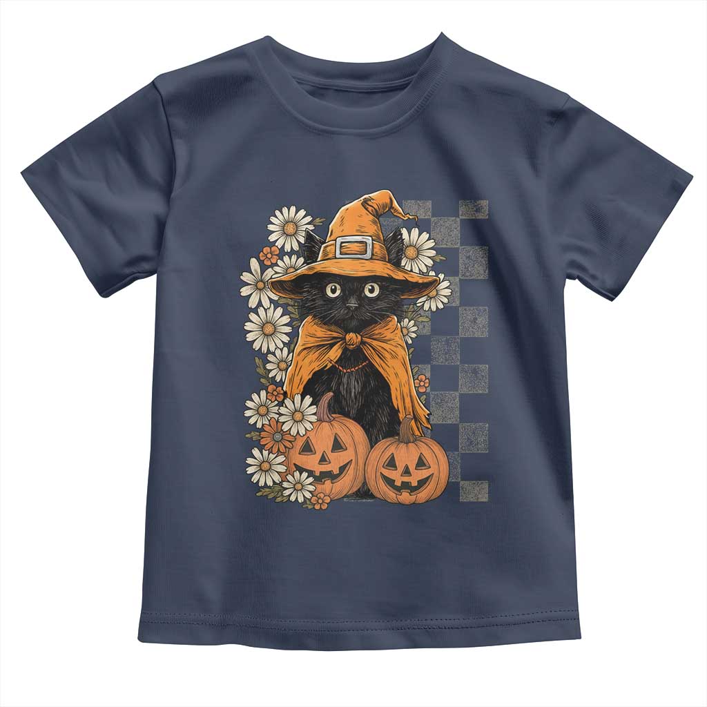 Boho Cat Wild Flowers Toddler T Shirt Vintage Autumn Cozy Black Cat Pumpkin Halloween TS10 Navy Print Your Wear
