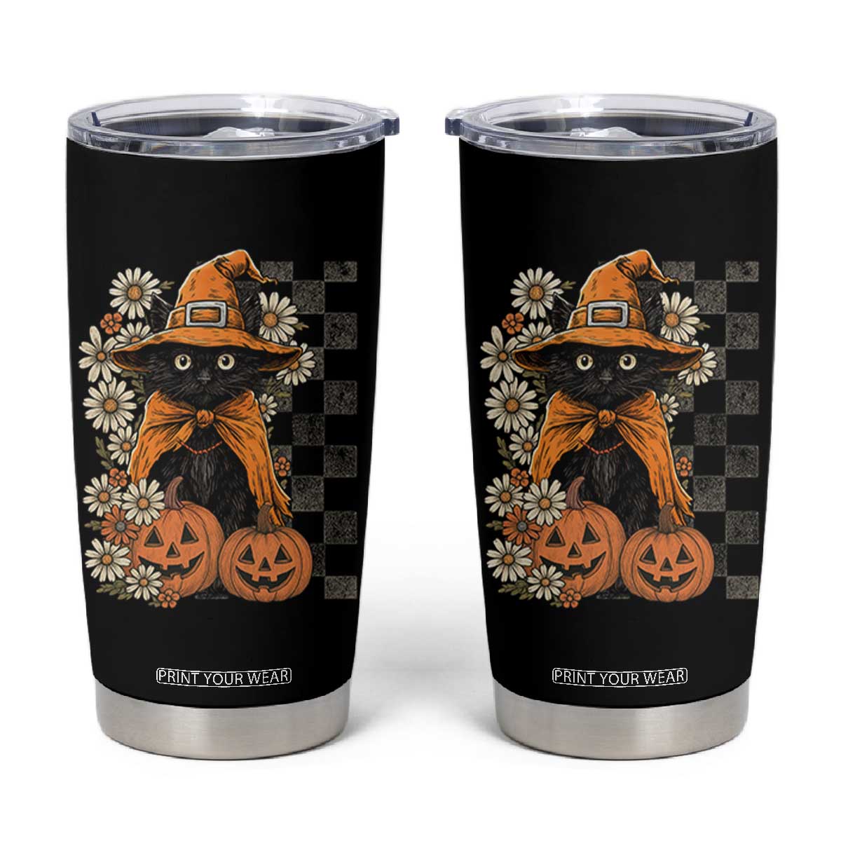 Boho Cat Wild Flowers Tumbler Cup Vintage Autumn Cozy Black Cat Pumpkin Halloween TS10 Black Print Your Wear