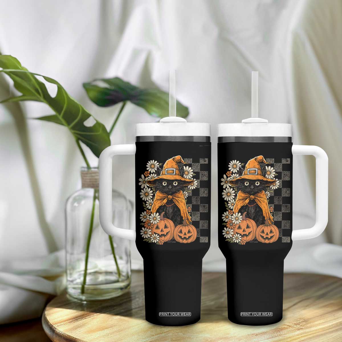 Boho Cat Wild Flowers Tumbler With Handle Vintage Autumn Cozy Black Cat Pumpkin Halloween TS10 Print Your Wear