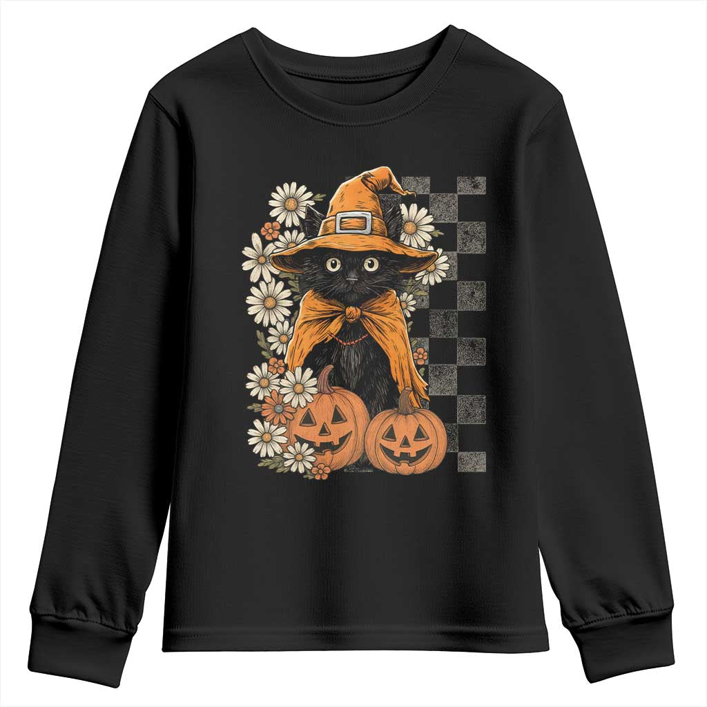 Boho Cat Wild Flowers Youth Sweatshirt Vintage Autumn Cozy Black Cat Pumpkin Halloween TS10 Black Print Your Wear