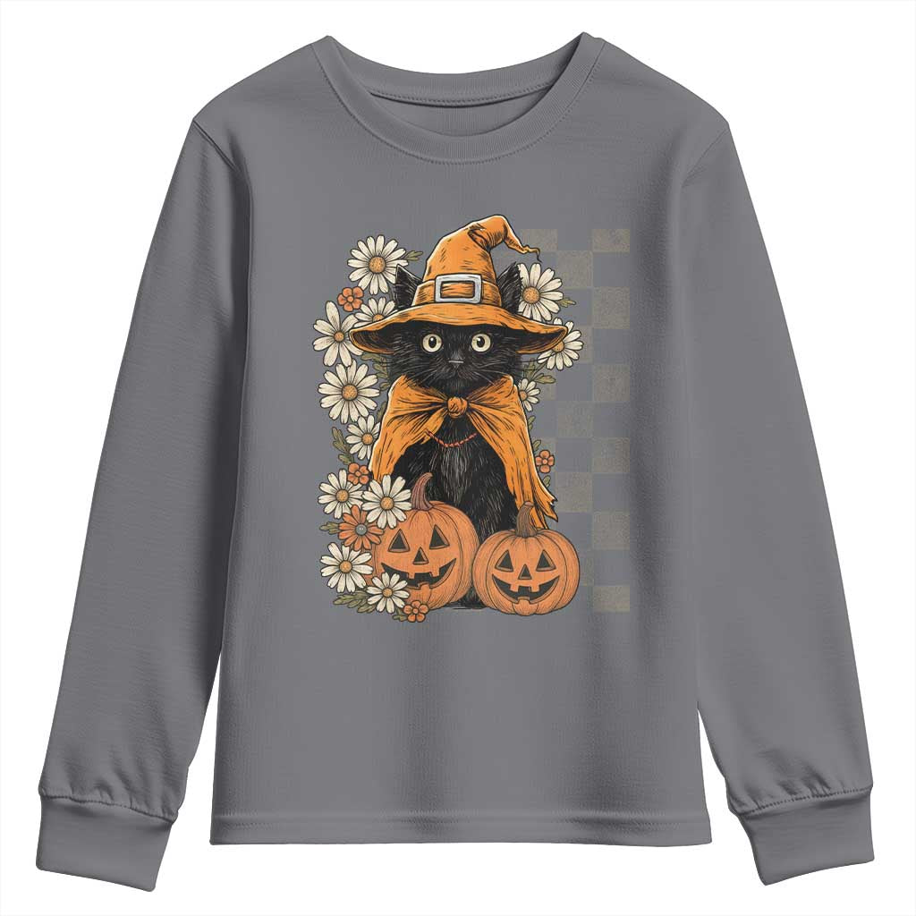 Boho Cat Wild Flowers Youth Sweatshirt Vintage Autumn Cozy Black Cat Pumpkin Halloween TS10 Charcoal Print Your Wear