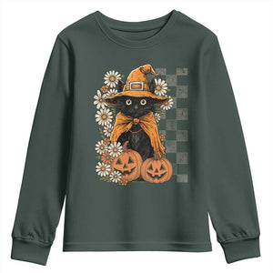 Boho Cat Wild Flowers Youth Sweatshirt Vintage Autumn Cozy Black Cat Pumpkin Halloween TS10 Dark Forest Green Print Your Wear