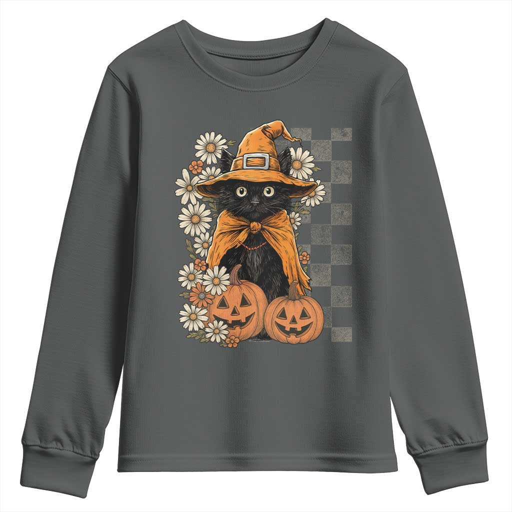 Boho Cat Wild Flowers Youth Sweatshirt Vintage Autumn Cozy Black Cat Pumpkin Halloween TS10 Dark Heather Print Your Wear