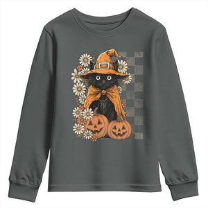 Boho Cat Wild Flowers Youth Sweatshirt Vintage Autumn Cozy Black Cat Pumpkin Halloween TS10 Dark Heather Print Your Wear