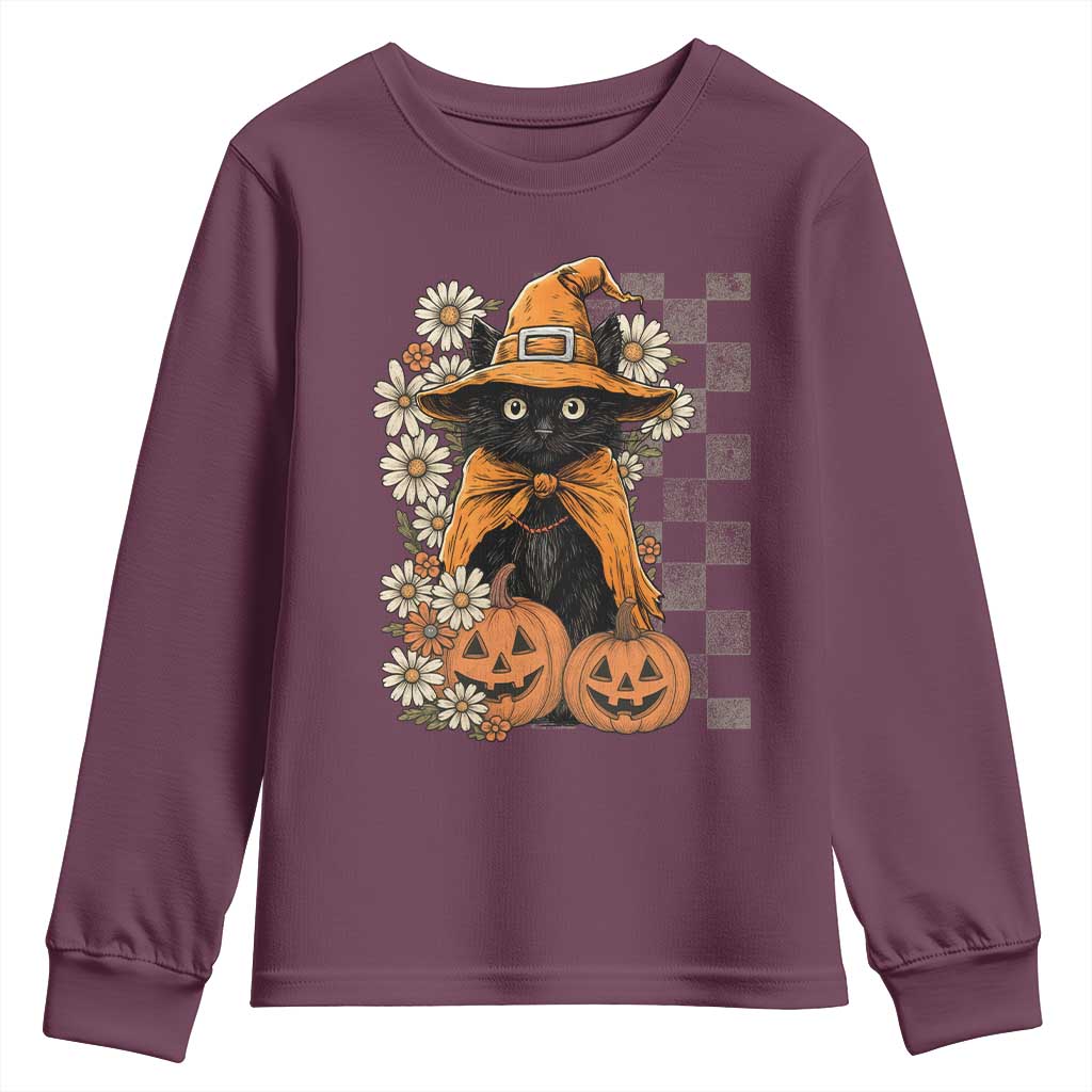 Boho Cat Wild Flowers Youth Sweatshirt Vintage Autumn Cozy Black Cat Pumpkin Halloween TS10 Maroon Print Your Wear