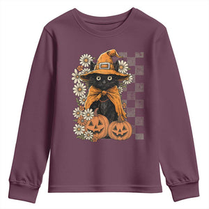 Boho Cat Wild Flowers Youth Sweatshirt Vintage Autumn Cozy Black Cat Pumpkin Halloween TS10 Maroon Print Your Wear