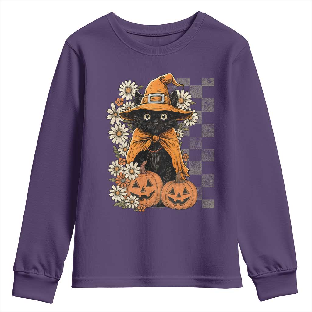 Boho Cat Wild Flowers Youth Sweatshirt Vintage Autumn Cozy Black Cat Pumpkin Halloween TS10 Purple Print Your Wear