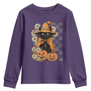 Boho Cat Wild Flowers Youth Sweatshirt Vintage Autumn Cozy Black Cat Pumpkin Halloween TS10 Purple Print Your Wear