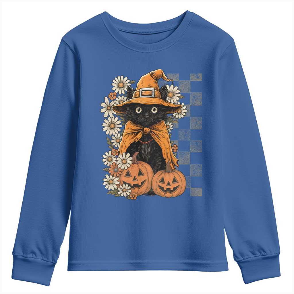 Boho Cat Wild Flowers Youth Sweatshirt Vintage Autumn Cozy Black Cat Pumpkin Halloween TS10 Royal Blue Print Your Wear