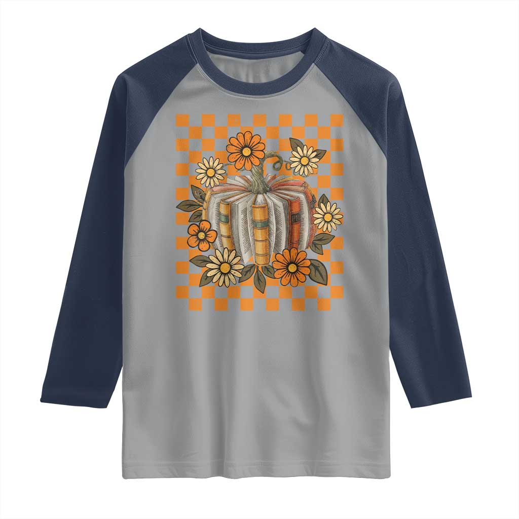 Book Pumpkin Raglan Shirt Fall Halloween Book Lover Bookish Gift TS10 Sport Gray Navy Print Your Wear