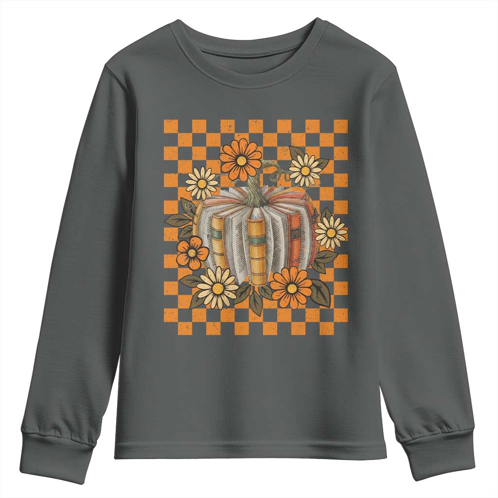 Book Pumpkin Youth Sweatshirt Fall Halloween Book Lover Bookish Gift TS10 Dark Heather Print Your Wear
