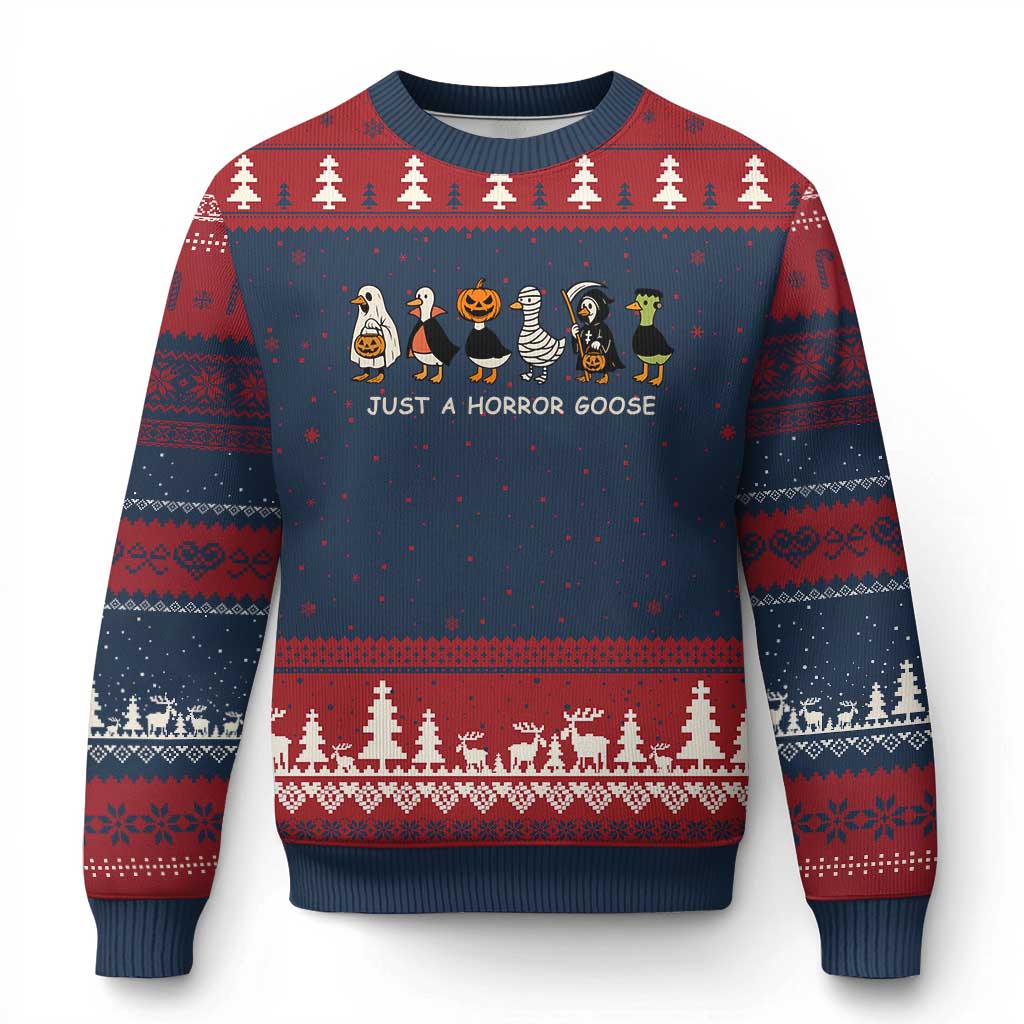 Halloween Funny Goose Ugly Christmas Sweater Spooky Season 90s Horror Movie TS10 Navy Red Print Your Wear