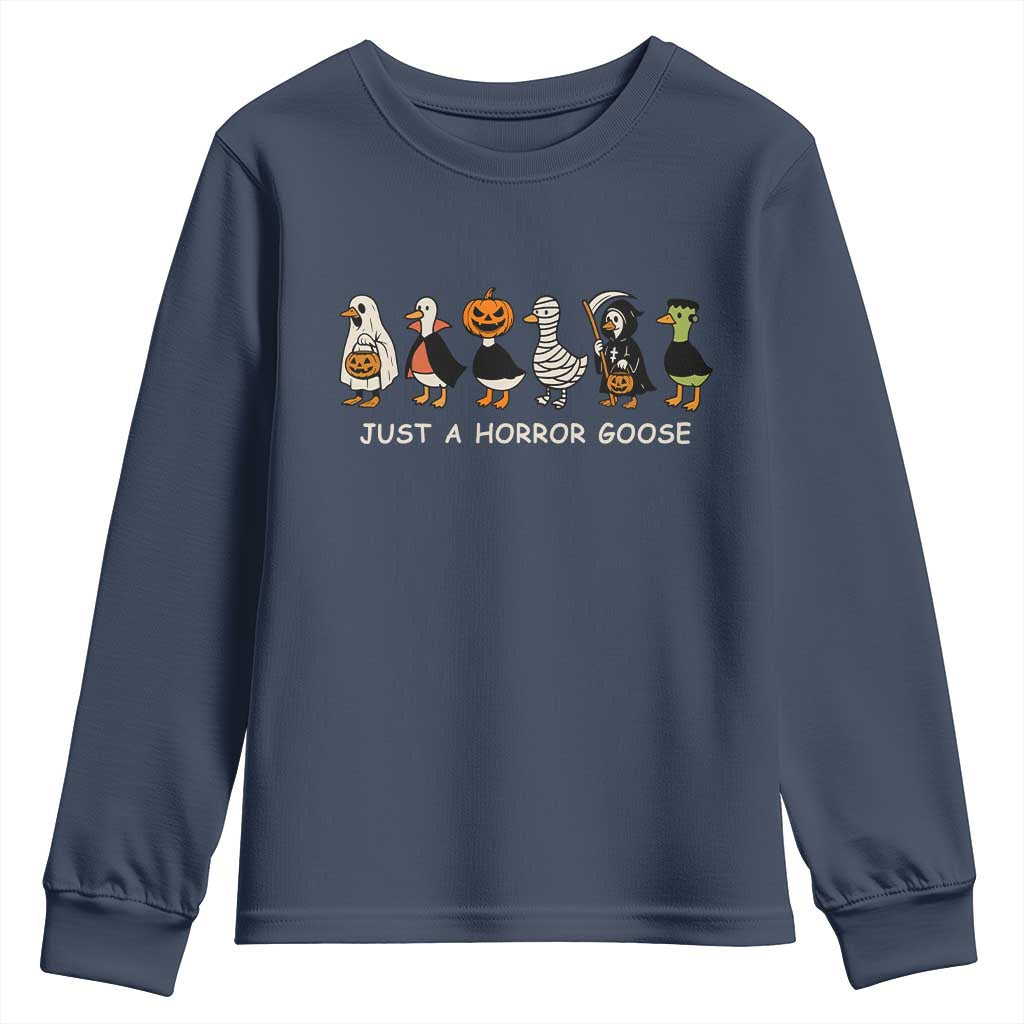 Halloween Funny Goose Youth Sweatshirt Spooky Season 90s Horror Movie TS10 Navy Print Your Wear