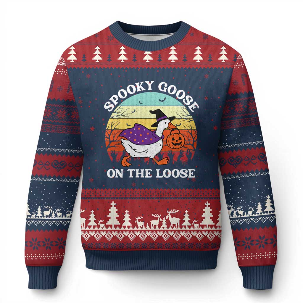 Witchy Silly Goose Ugly Christmas Sweater Retro Girly Halloween Spooky Goose Lover TS10 Navy Red Print Your Wear