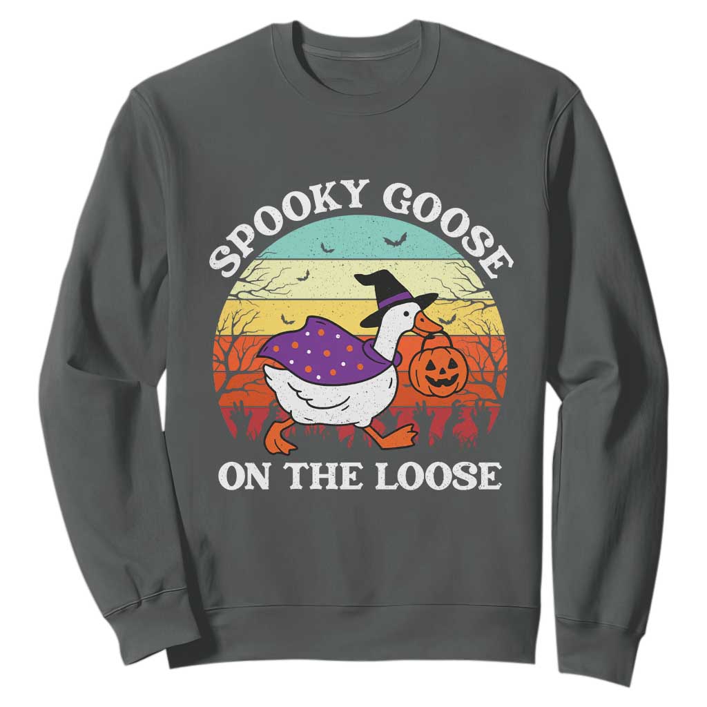 Witchy Silly Goose Sweatshirt Retro Girly Halloween Spooky Goose Lover TS10 Dark Heather Print Your Wear