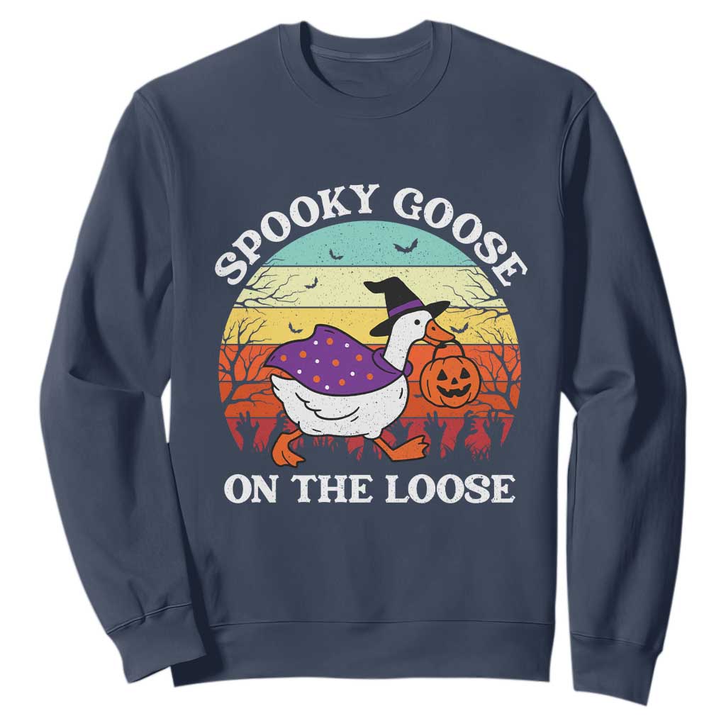 Witchy Silly Goose Sweatshirt Retro Girly Halloween Spooky Goose Lover TS10 Navy Print Your Wear