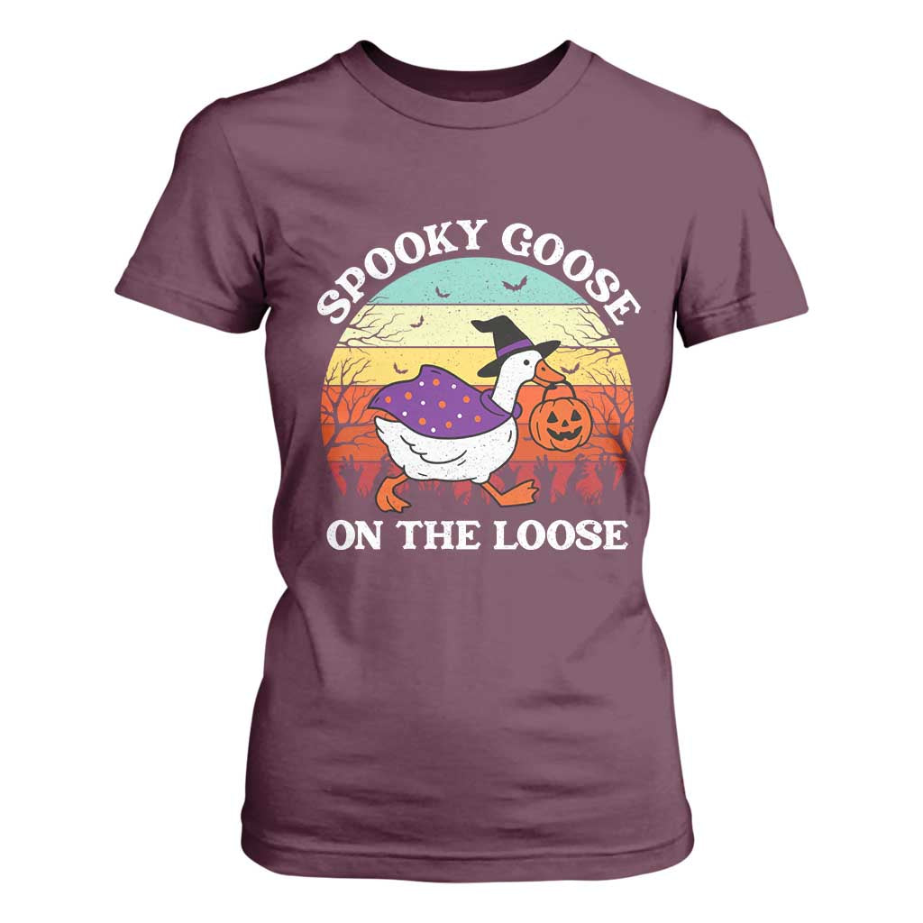 Witchy Silly Goose T Shirt For Women Retro Girly Halloween Spooky Goose Lover TS10 Maroon Print Your Wear