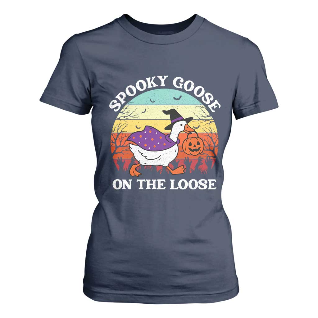 Witchy Silly Goose T Shirt For Women Retro Girly Halloween Spooky Goose Lover TS10 Navy Print Your Wear