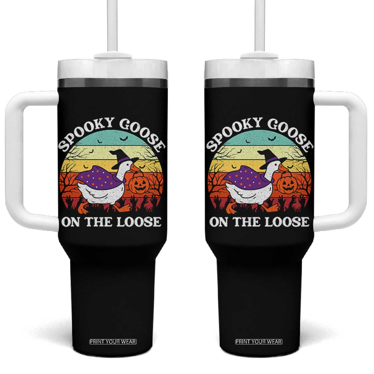 Witchy Silly Goose Tumbler With Handle Retro Girly Halloween Spooky Goose Lover TS10 One Size: 40 oz Black Print Your Wear