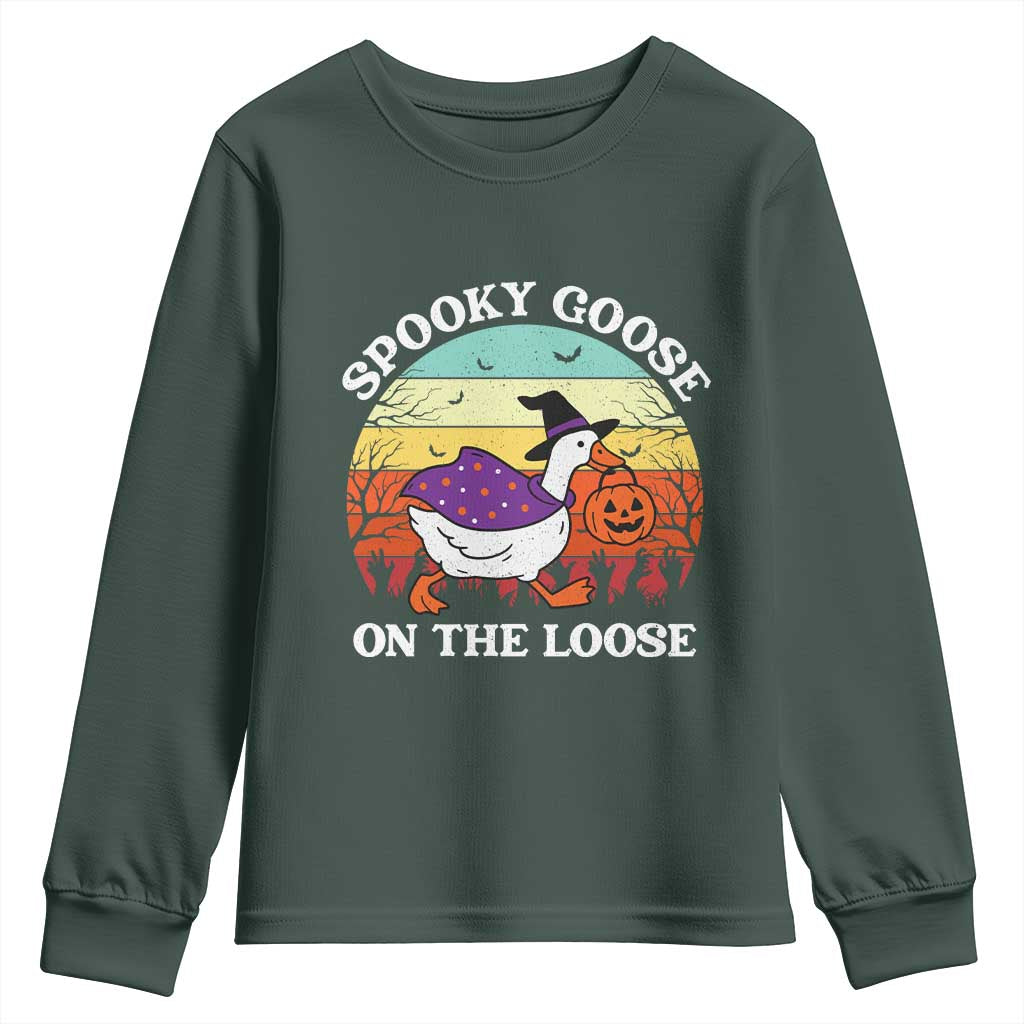Witchy Silly Goose Youth Sweatshirt Retro Girly Halloween Spooky Goose Lover TS10 Dark Forest Green Print Your Wear