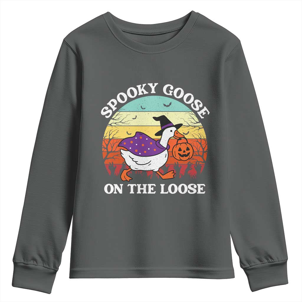 Witchy Silly Goose Youth Sweatshirt Retro Girly Halloween Spooky Goose Lover TS10 Dark Heather Print Your Wear
