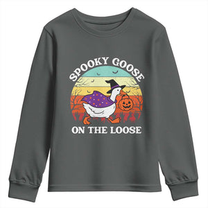 Witchy Silly Goose Youth Sweatshirt Retro Girly Halloween Spooky Goose Lover TS10 Dark Heather Print Your Wear