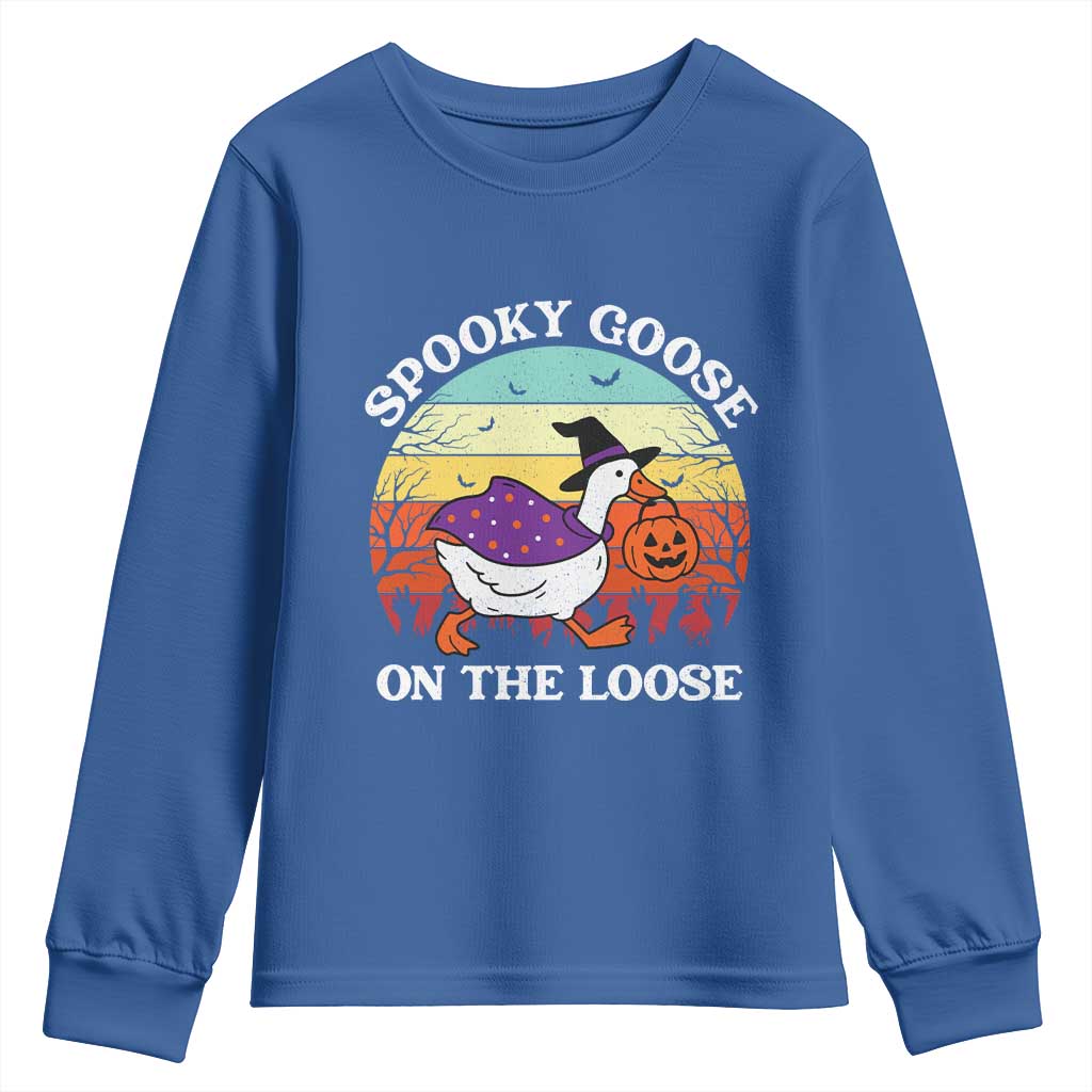 Witchy Silly Goose Youth Sweatshirt Retro Girly Halloween Spooky Goose Lover TS10 Royal Blue Print Your Wear