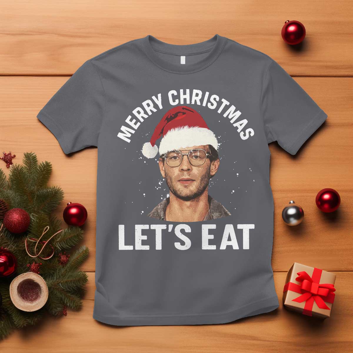 True Crime Ugly Christmas T Shirt Funny Jeffrey Dahmer Merry Xmas Lets Eat TS10 Charcoal Print Your Wear
