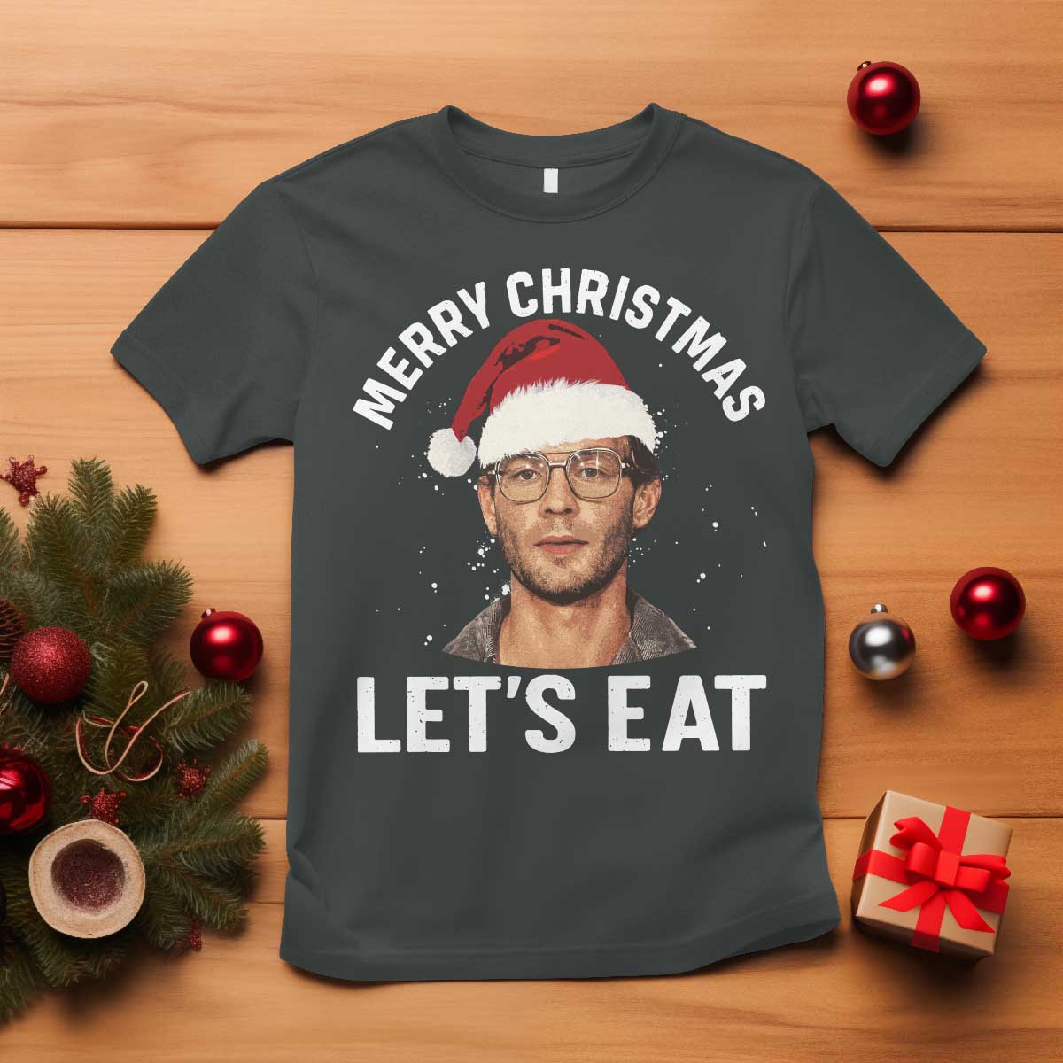 True Crime Ugly Christmas T Shirt Funny Jeffrey Dahmer Merry Xmas Lets Eat TS10 Dark Heather Print Your Wear