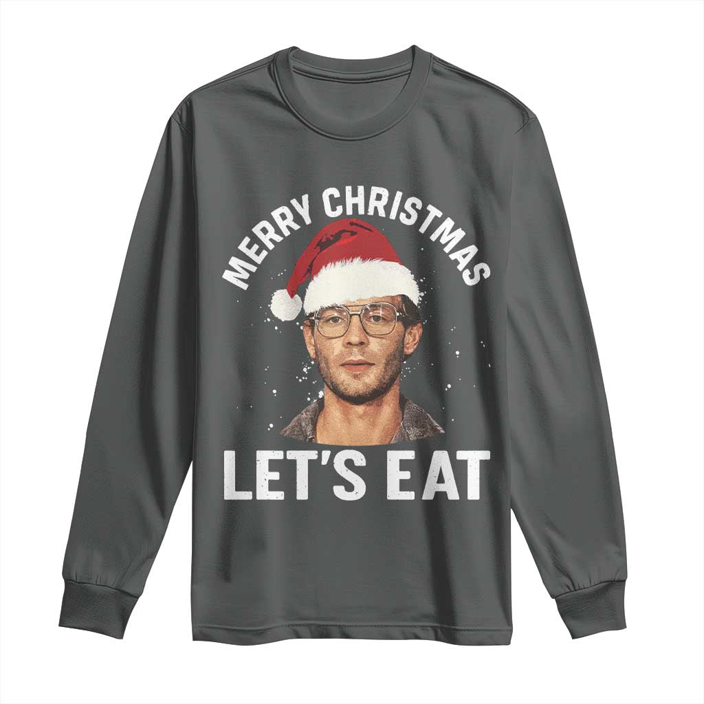 True Crime Ugly Christmas Long Sleeve Shirt Funny Jeffrey Dahmer Merry Xmas Lets Eat TS10 Dark Heather Print Your Wear