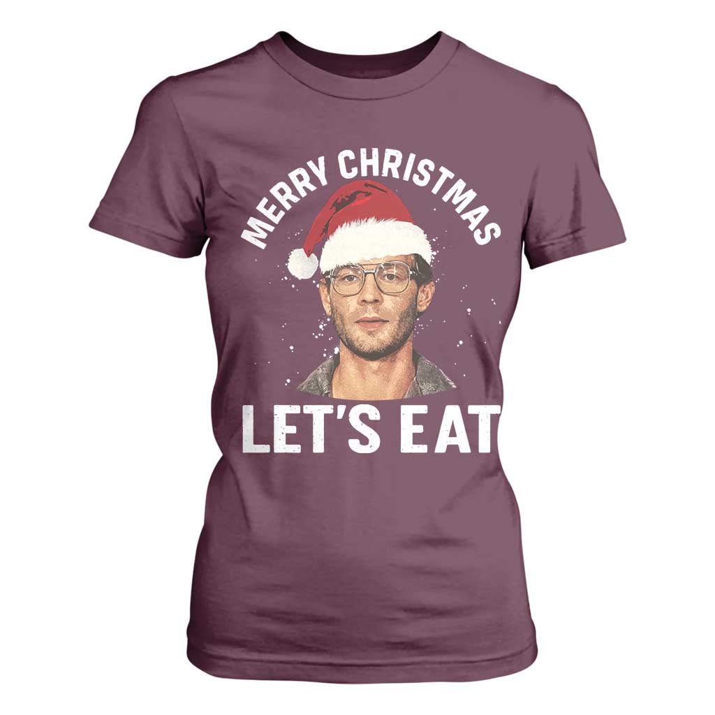 True Crime Ugly Christmas T Shirt For Women Funny Jeffrey Dahmer Merry Xmas Lets Eat TS10 Maroon Print Your Wear