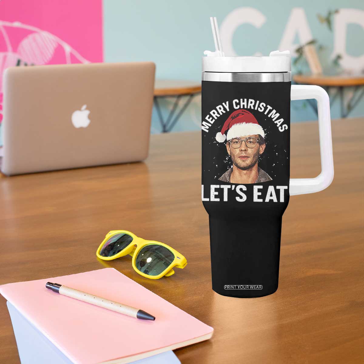 True Crime Ugly Christmas Tumbler With Handle Funny Jeffrey Dahmer Merry Xmas Lets Eat TS10 Print Your Wear