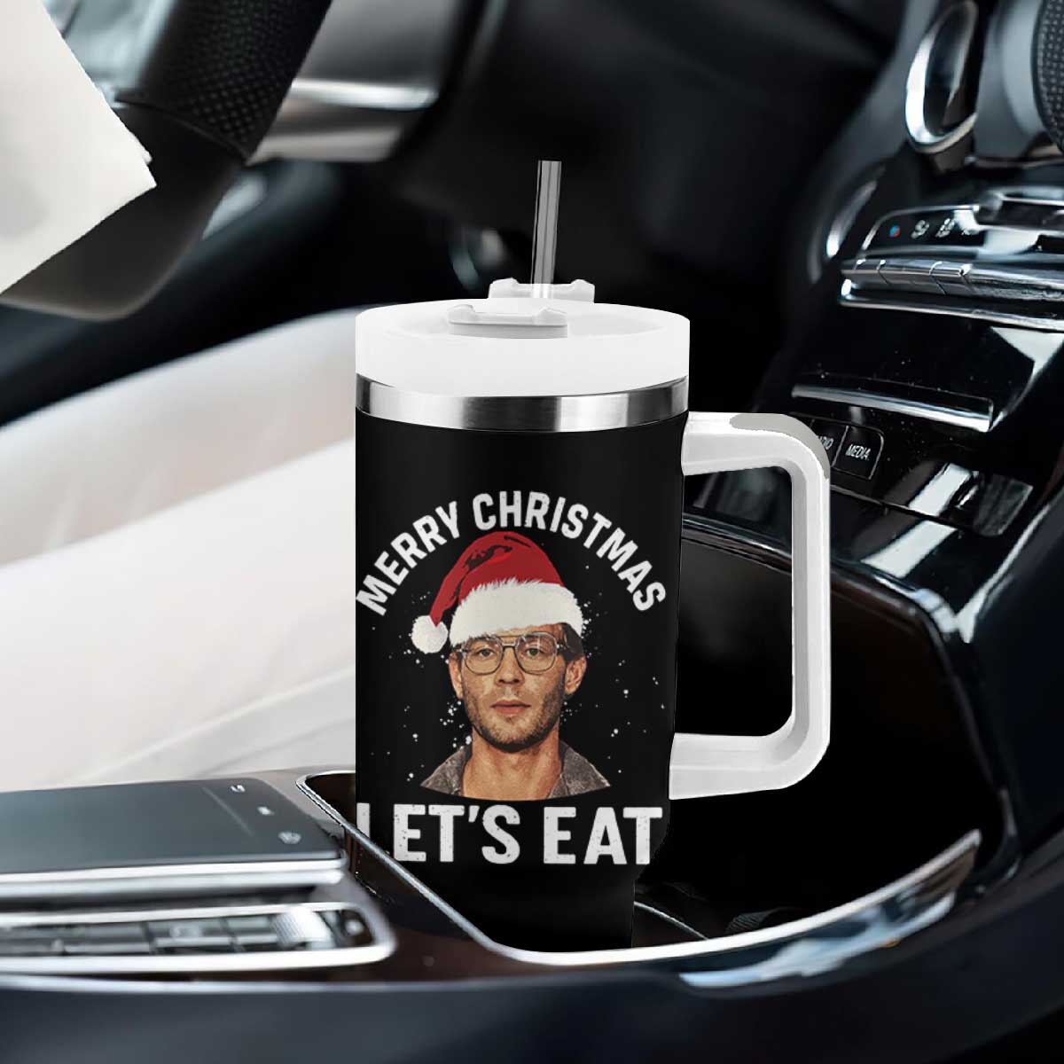 True Crime Ugly Christmas Tumbler With Handle Funny Jeffrey Dahmer Merry Xmas Lets Eat TS10 Print Your Wear