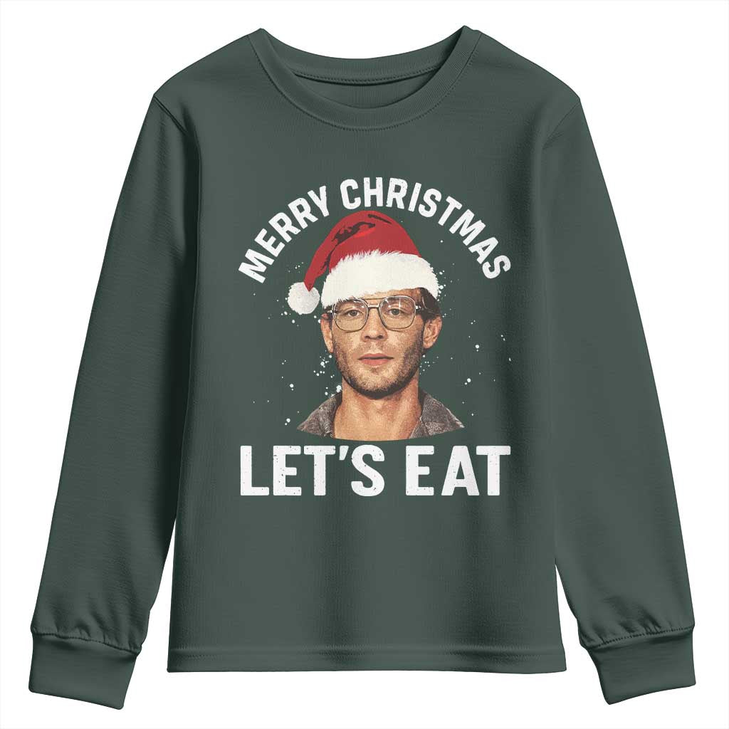 True Crime Ugly Christmas Youth Sweatshirt Funny Jeffrey Dahmer Merry Xmas Lets Eat TS10 Dark Forest Green Print Your Wear
